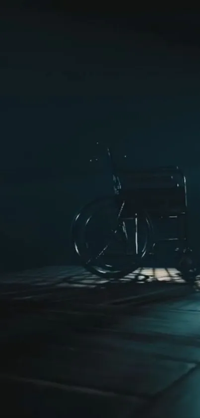 Mysterious wheelchair in dark room with moody lighting.