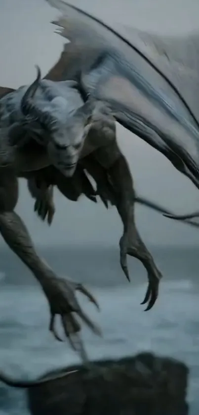 Ancient winged creature flying over ocean in mystical art.