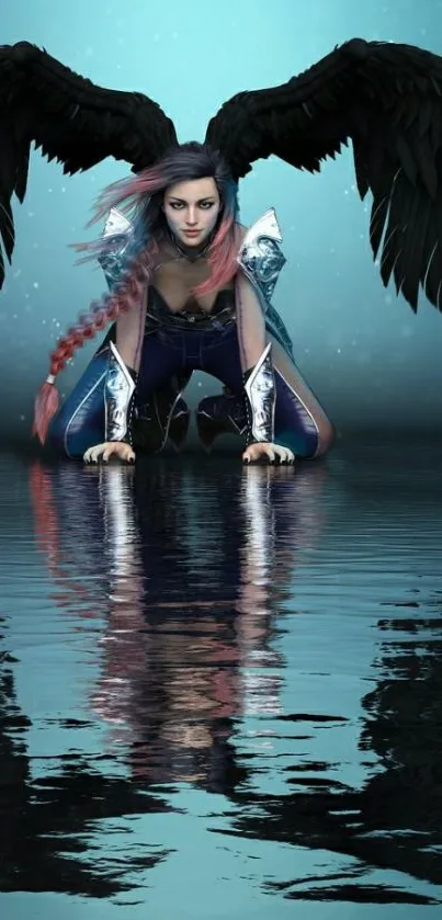 Mystical winged figure with black wings reflected on water.