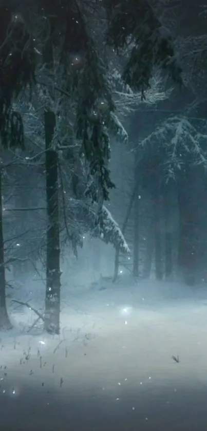 Peaceful snow-covered forest with misty trees.