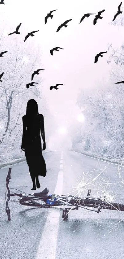 Mysterious winter road with bicycle and silhouette, birds flying above.