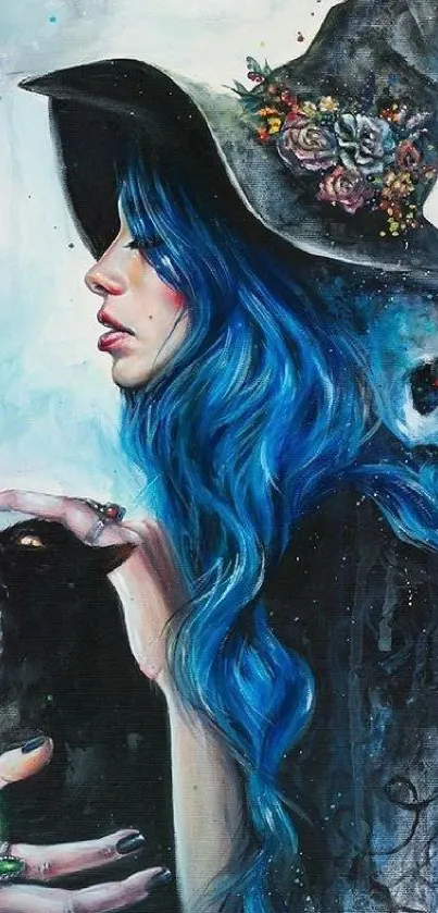 Vibrant blue-haired witch with a mystical gothic theme.