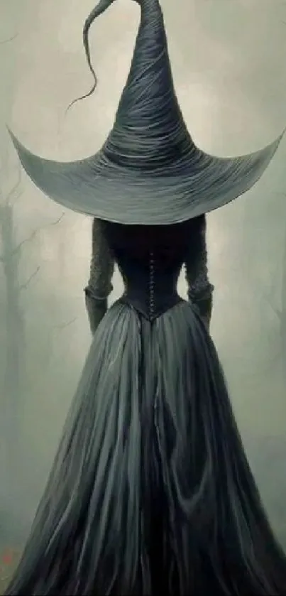 Mystical witch in a foggy forest wearing a tall hat and dark dress.