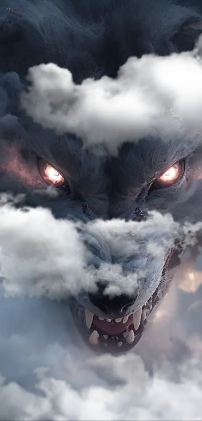 Wolf face emerging through mystical clouds on mobile wallpaper.