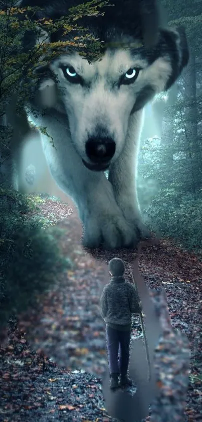 A mystical giant wolf and child in a dreamy forest path.