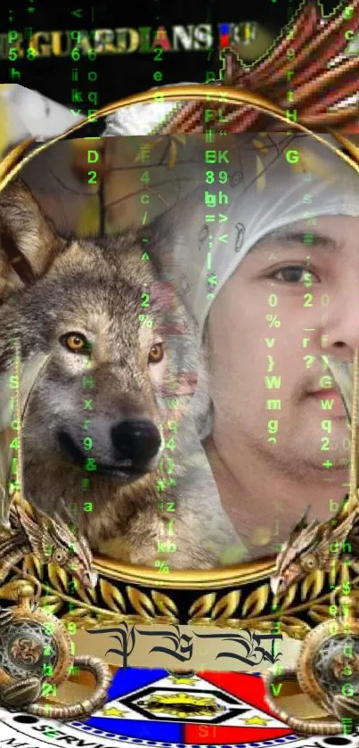 Mysterious wallpaper featuring a wolf and a man with symbols.