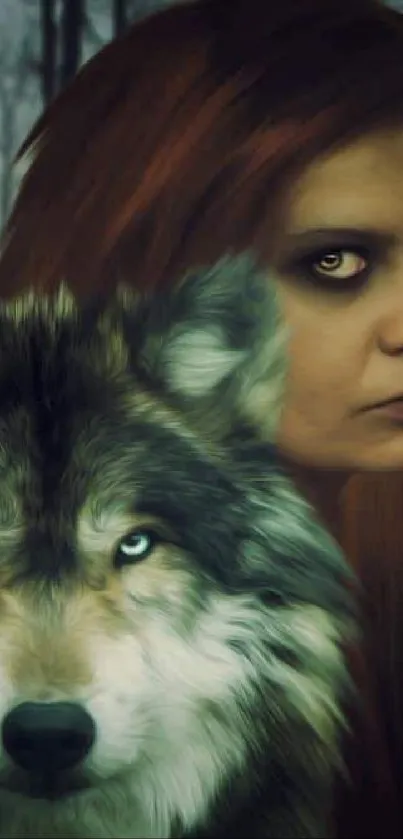 A mysterious woman stands with a wolf in a dark, misty forest.