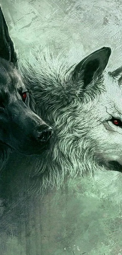 Mystical wallpaper featuring two wolves with red eyes against a teal background.