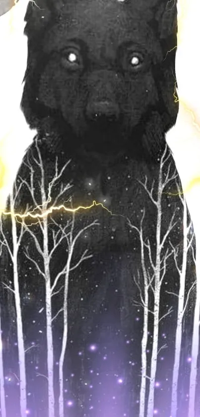 Silhouette of a wolf in a mystical forest with vibrant lightning.