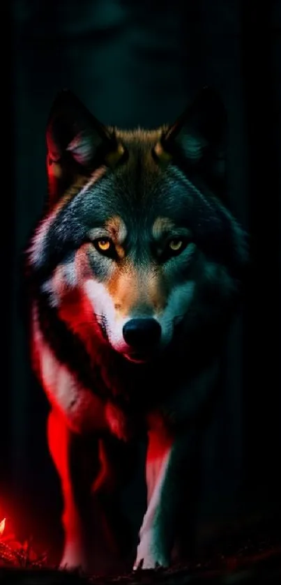 Lone wolf in a dark forest with a red glow on the ground.