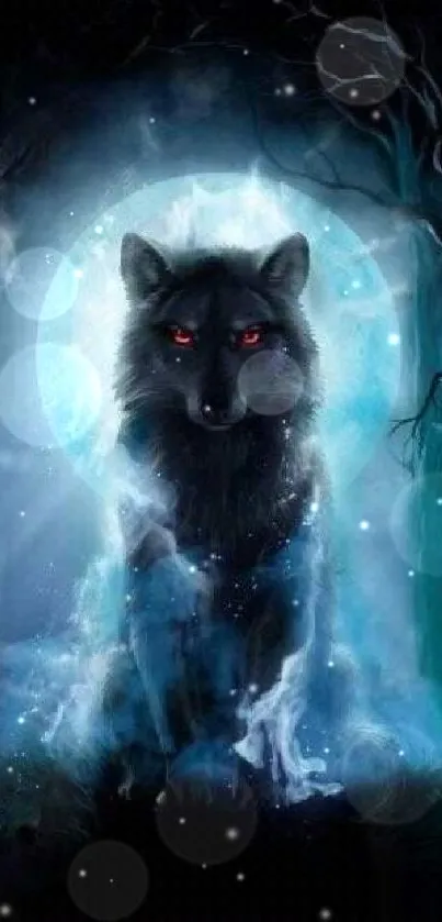 Mysterious wolf under moonlight in a dark forest.