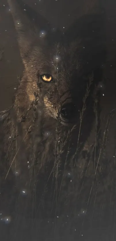 A mysterious wolf emerges in a dark, starry night scene, surrounded by nature.