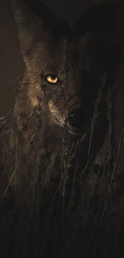 Mysterious wolf half-hidden in shadowy wilderness.