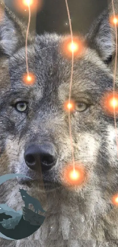 A wolf surrounded by glowing orbs in nature.