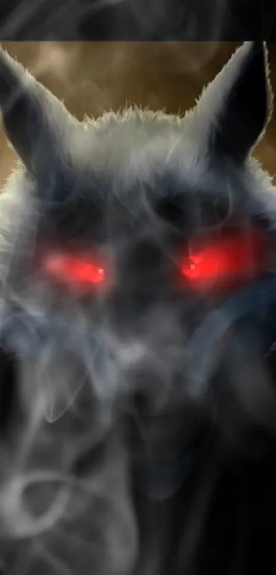 Mysterious wolf with red eyes amidst smoke in a dark-themed wallpaper.