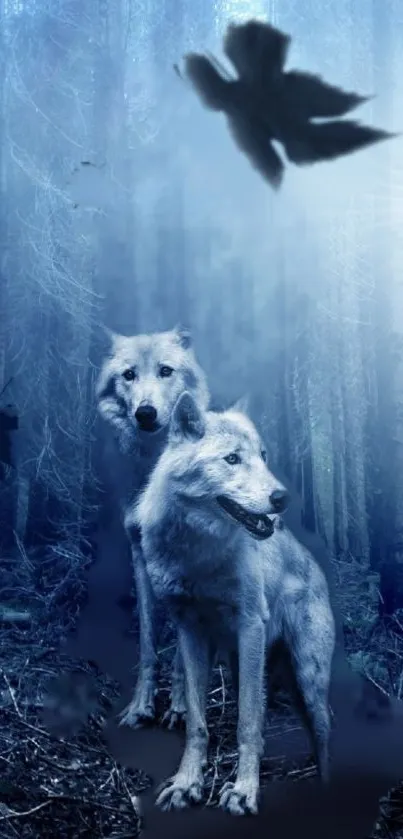 Two wolves in a misty blue forest with birds above.