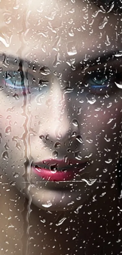 Mysterious woman behind rain-soaked glass with vibrant colors.