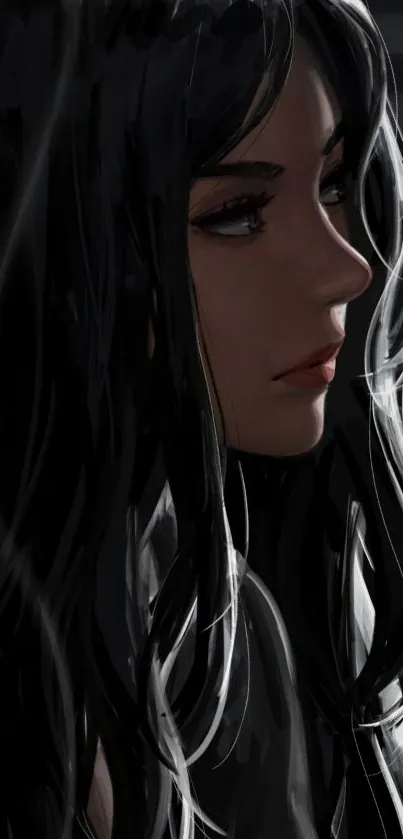 Digital art of a mysterious woman with dark hair in profile view.