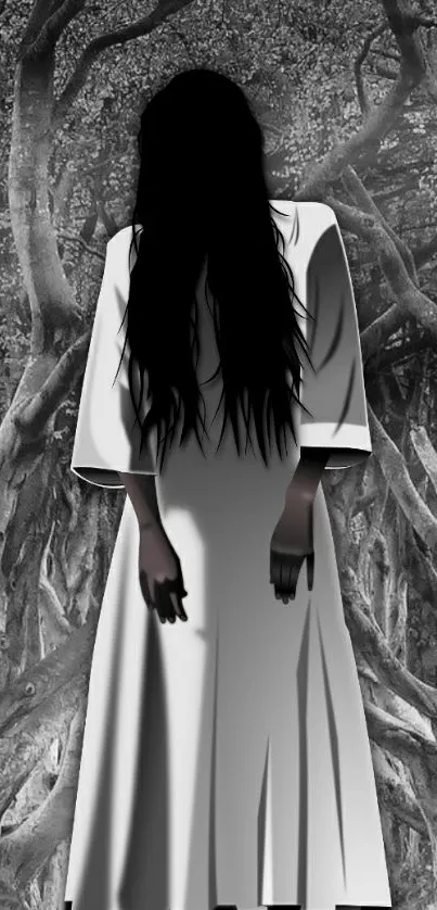 Mysterious woman in dark forest with flowing black hair.