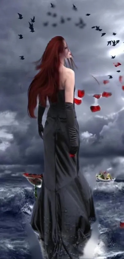 Mysterious woman stands amidst stormy sea with flying birds and red flower petals.