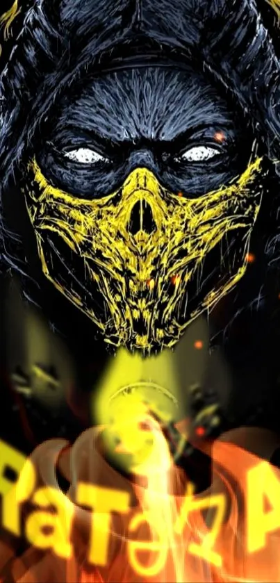 Hooded warrior with yellow mask and glowing eyes on phone wallpaper.