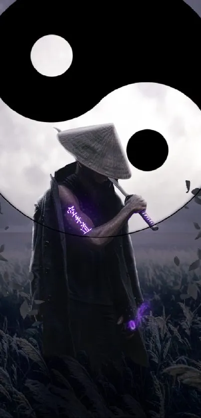 Mysterious warrior standing in field with Yin Yang symbol in dark gray tones.