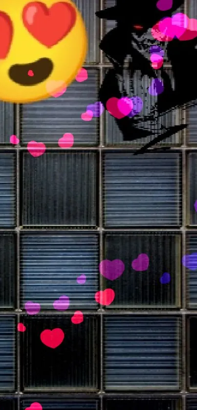 Mysterious figure with love emoji on dark grid wallpaper.