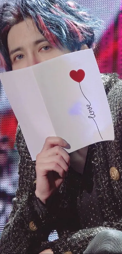 Person with vibrant hair holding a romantic note.