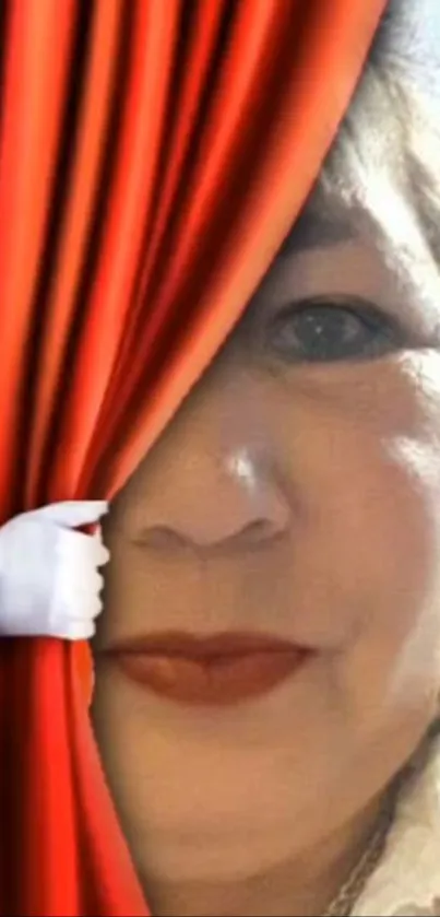 Portrait partially hidden by a red curtain.