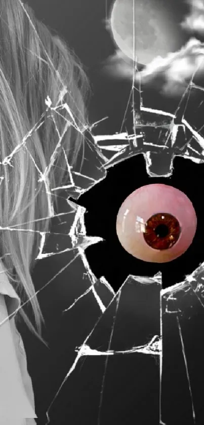 Abstract wallpaper with broken glass and eye design, perfect for mobile phones.