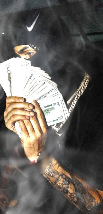 Mystery figure holding cash with smoke background.