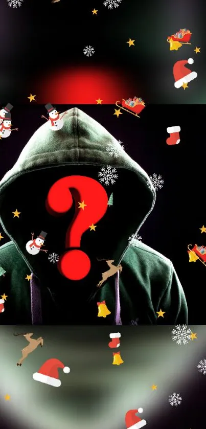 Hooded figure Christmas wallpaper with festive icons.