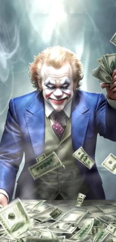 Clown in blue suit holding money, surrounded by dollar bills wallpaper.