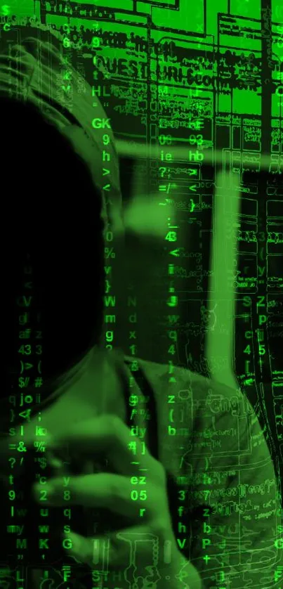 Green hacker theme with code background on wallpaper.
