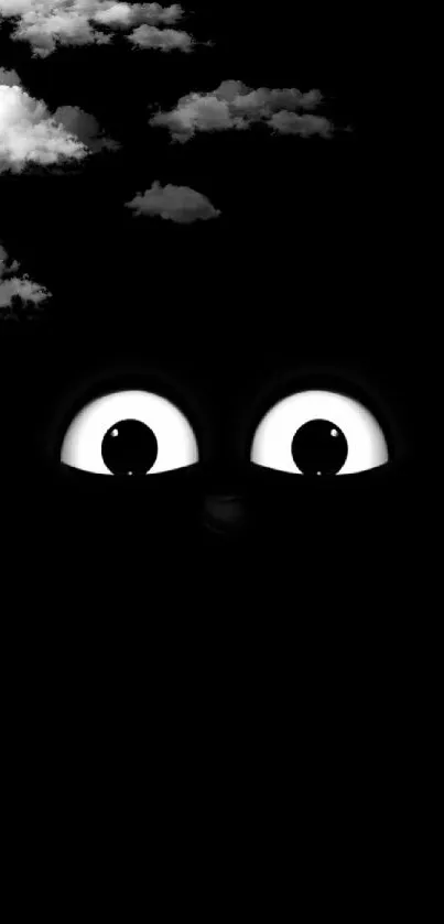 Dark wallpaper with large eyes and fluffy clouds.