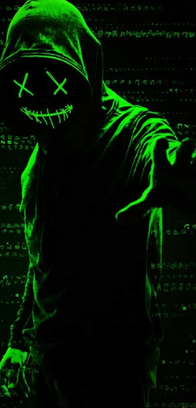 Neon green hooded figure in digital art scene