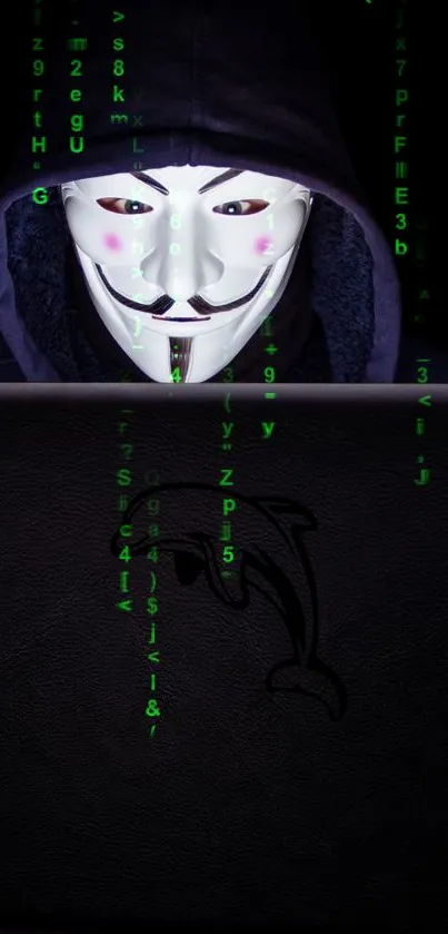 Mobile wallpaper featuring a hacker mask and green code on a dark background.