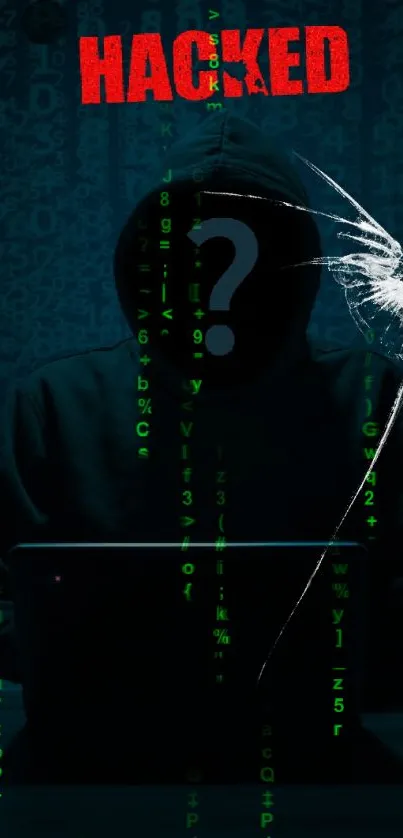 Mysterious hacker with question mark in hood, digital code background.