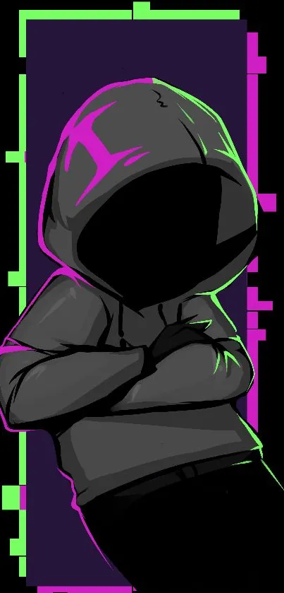 Mystery hooded figure with neon accents on dark background.