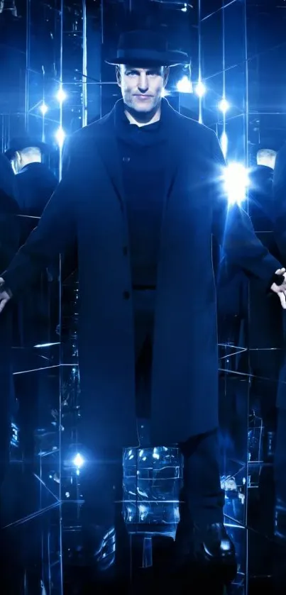 Mysterious figure in a blue mirrored room with glowing reflections.