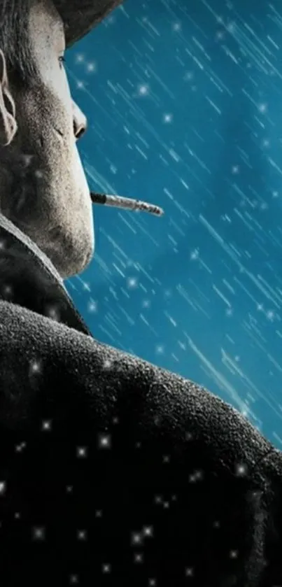 A mysterious figure in rain-themed wallpaper.