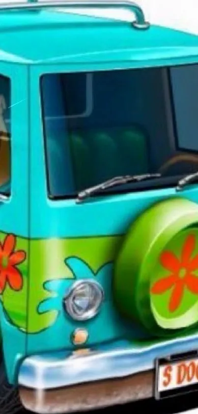 Colorful Mystery Machine van from Scooby-Doo cartoon.