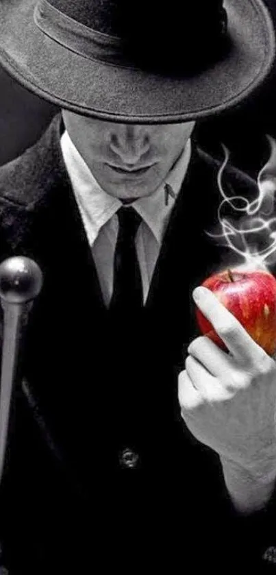 Mysterious man in black holding a red apple with smoke.