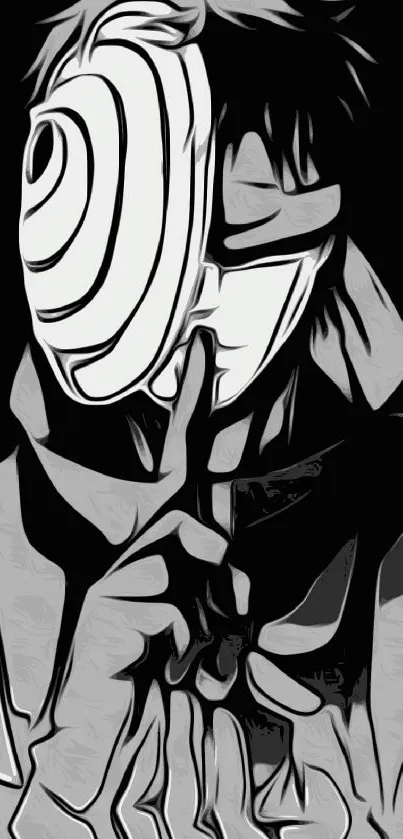 Black and white anime-style mysterious character artwork.