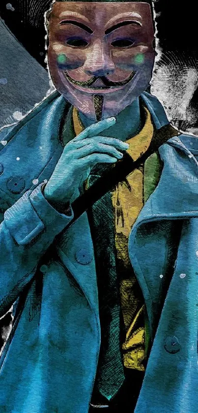 Mysterious masked figure in art with blue coat.