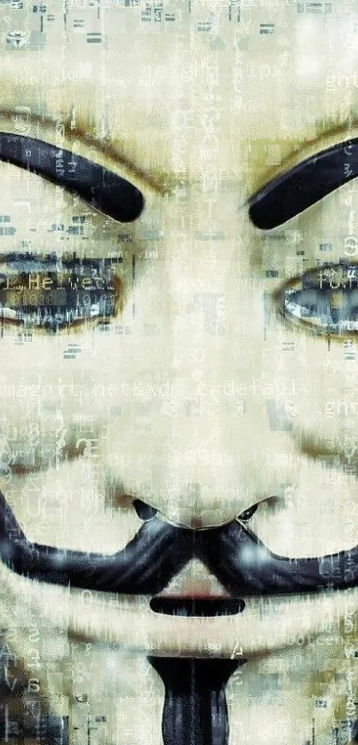 Intriguing mask in digital matrix art wallpaper, perfect for tech lovers.