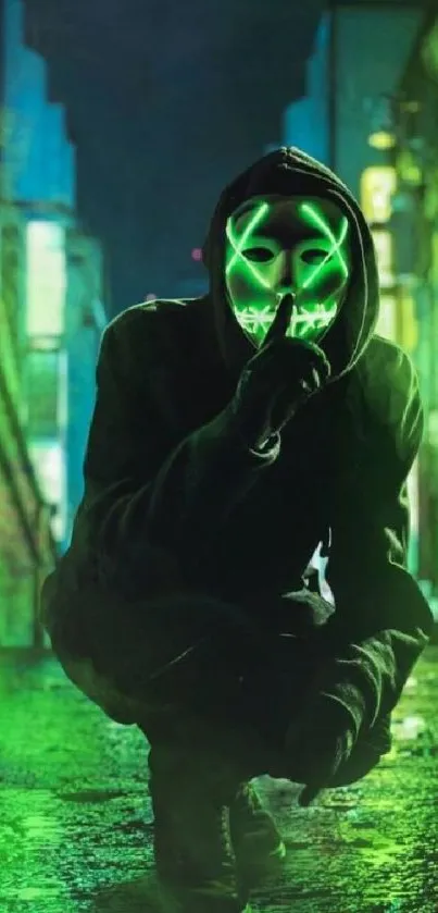 Mysterious figure with neon mask in urban setting wallpaper.