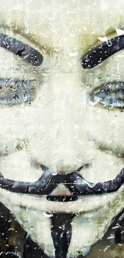 Close-up of a mysterious mask with raindrops on glass, creating a mystical vibe.