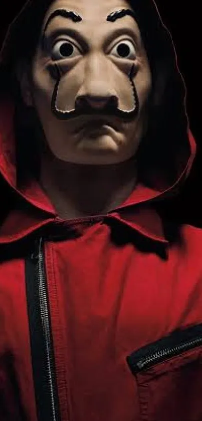 Mobile wallpaper with a mystery mask and red hoodie.