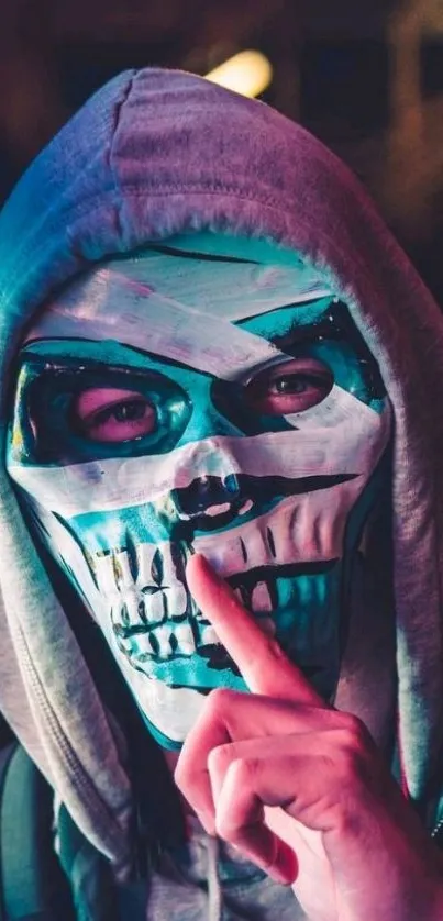 Mysterious figure in hooded mask, teal hues.